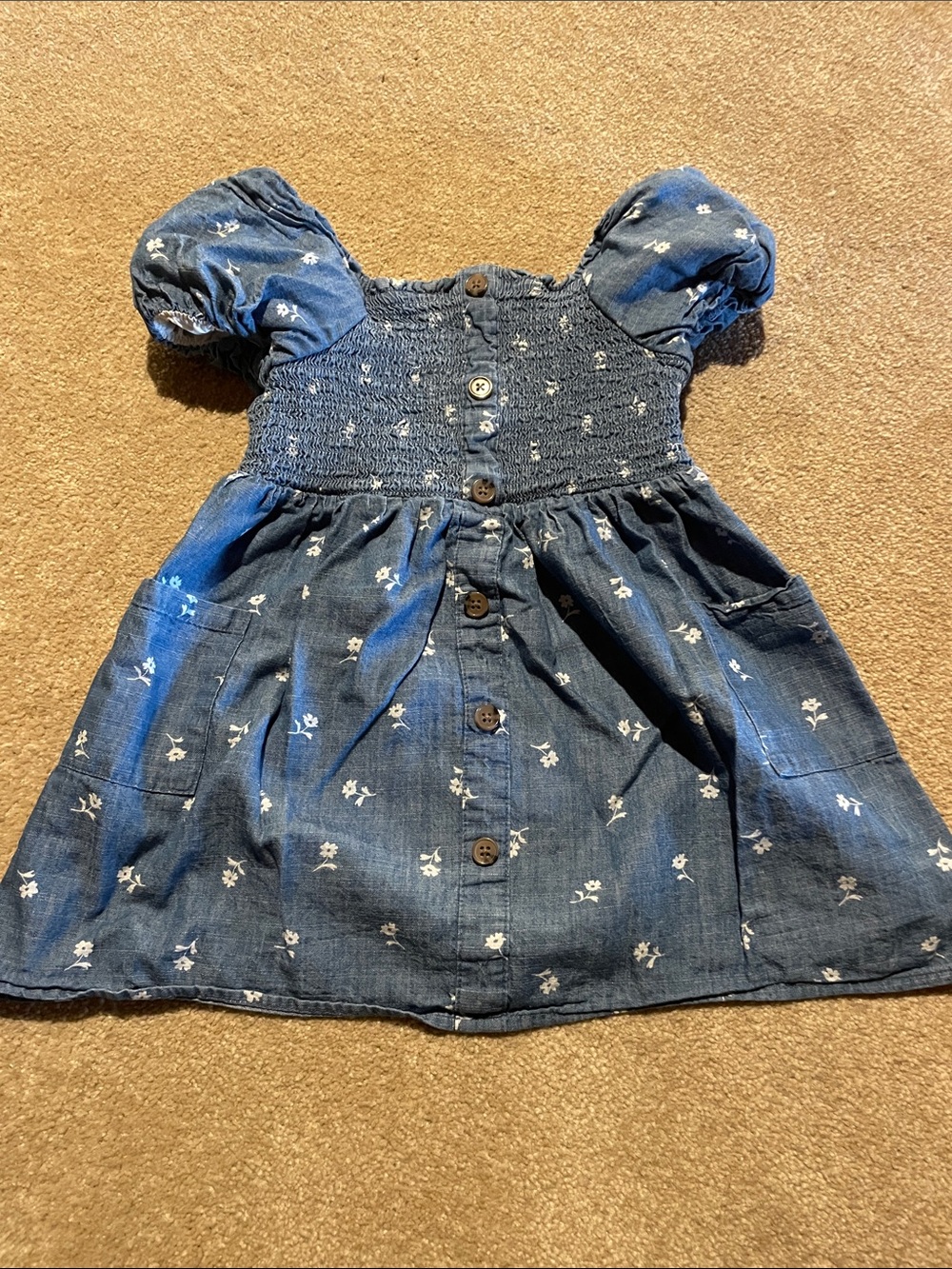 Cat & Jack Denim-Blue Floral Smocked Puff-Sleeve Dress, Size 4T